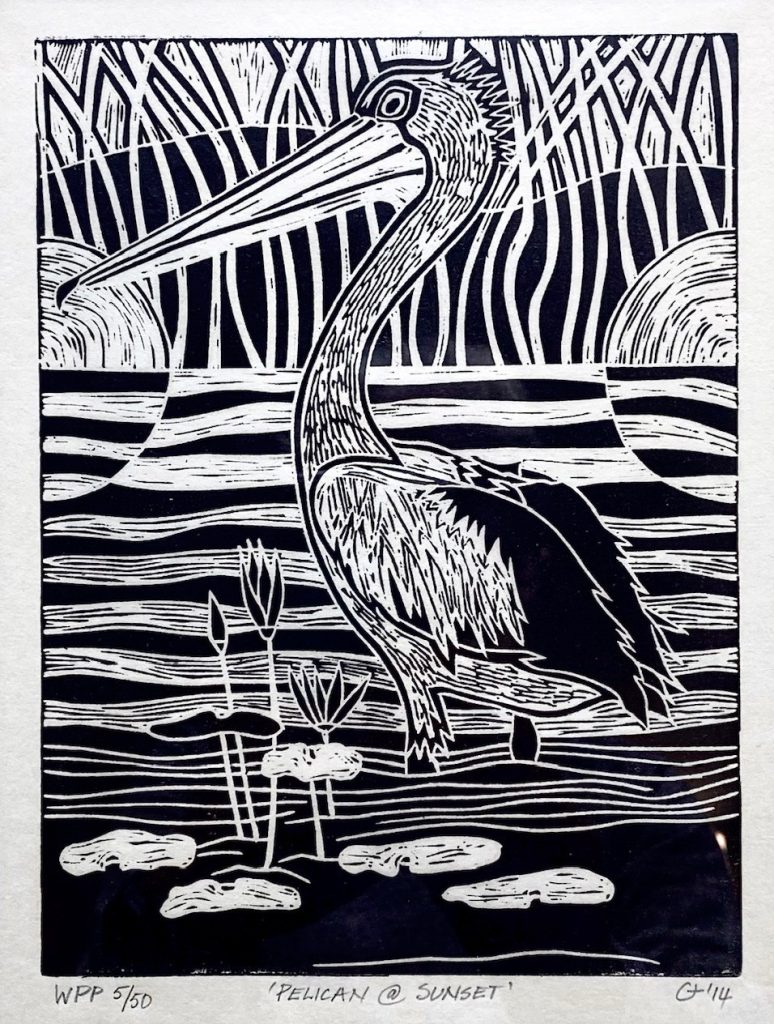 Pelican at Sunset 5 of 50, Relief Block, Framed